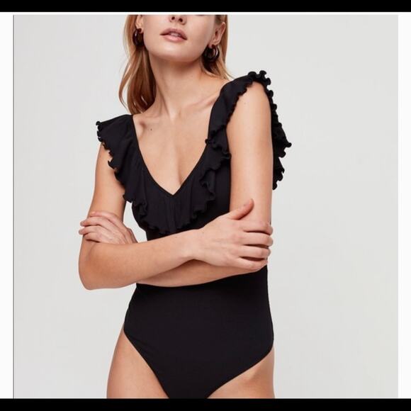 Black Aritzia Wilfred Ruffle Body Suit Size Medium - Picture 1 of 5